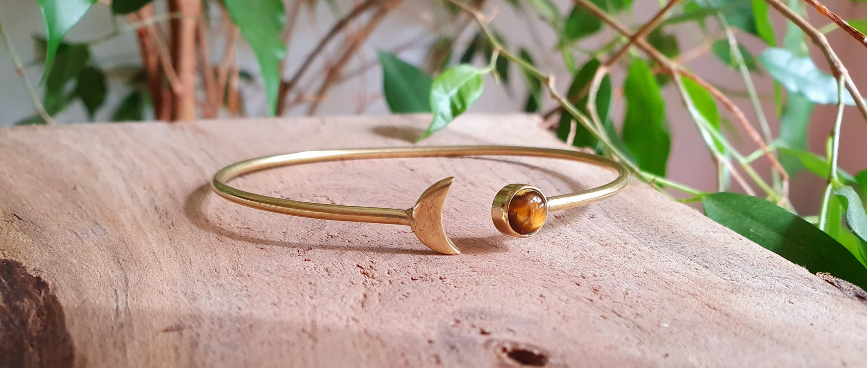 L’œil de tigre Jonc Bracelet de Lune Dorée / Laiton / Galaxie / Solaire / Soleil / Ethnique / Réglable