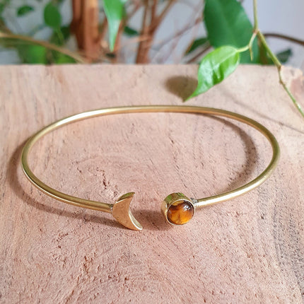 Gold Moon Bracelet / Tiger Eye / Brass / Bangle / Galaxy / Solar System / Planets / Boho / Adjustable / Hippie / Chic / Sun