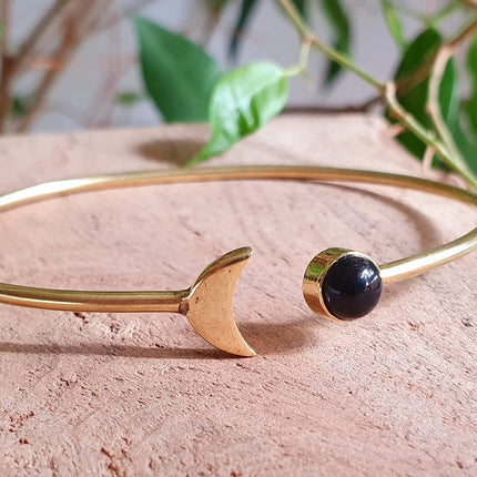 Gold Moon Bracelet / Black Onyx / Brass / Bangle / Galaxy / Solar System / Planets / Boho / Adjustable / Hippie / Chic / Sun