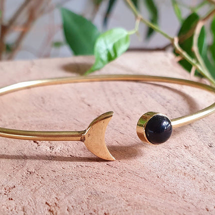 Gold Moon Bracelet / Black Onyx / Brass / Bangle / Galaxy / Solar System / Planets / Boho / Adjustable / Hippie / Chic / Sun