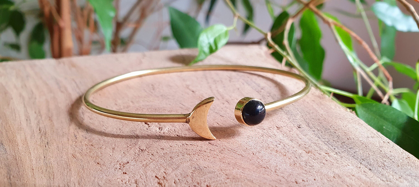 Gold Moon Bracelet / Black Onyx / Brass / Bangle / Galaxy / Solar System / Planets / Boho / Adjustable / Hippie / Chic / Sun