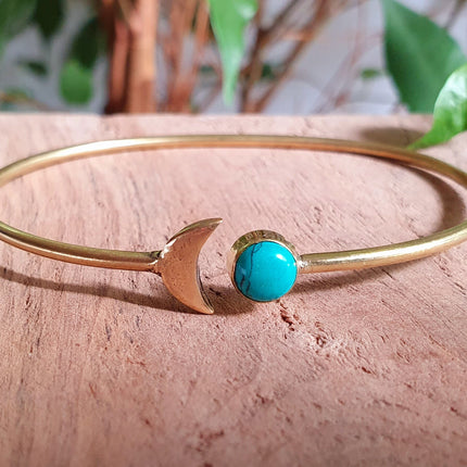 Gold Moon Bracelet / Turquoise / Brass / Bangle / Galaxy / Solar System / Planets / Boho / Adjustable / Hippie / Chic / Sun