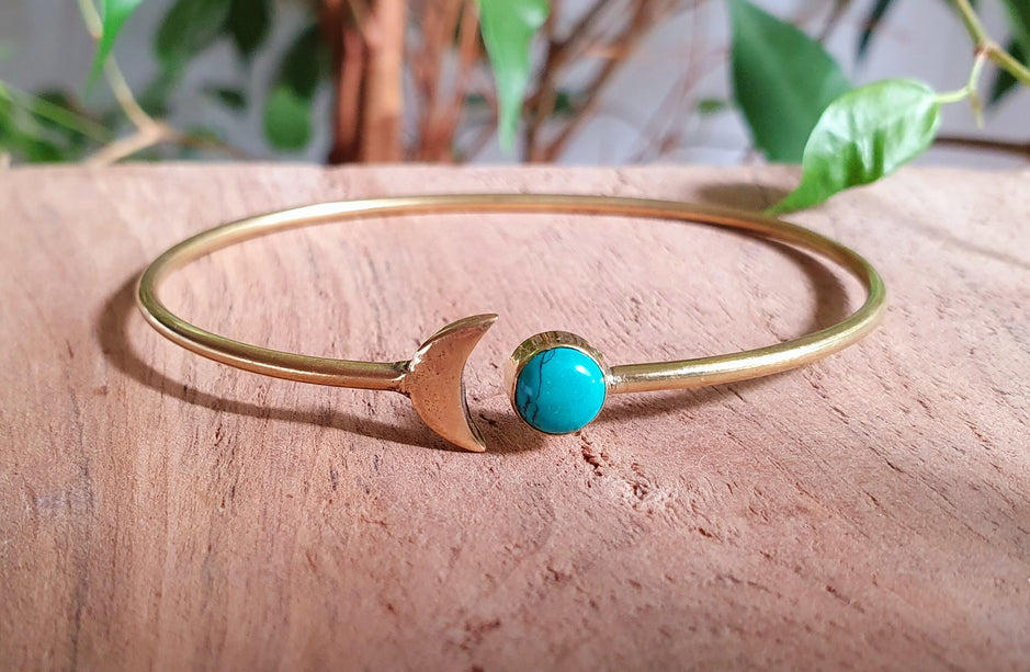 Gold Moon Bracelet / Turquoise / Brass / Bangle / Galaxy / Solar System / Planets / Boho / Adjustable / Hippie / Chic / Sun