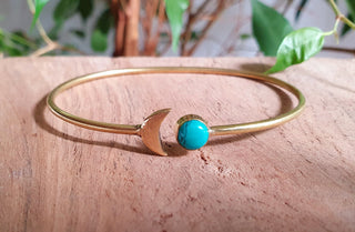 Gold Moon Bracelet / Turquoise / Brass / Bangle / Galaxy / Solar System / Planets / Boho / Adjustable / Hippie / Chic / Sun