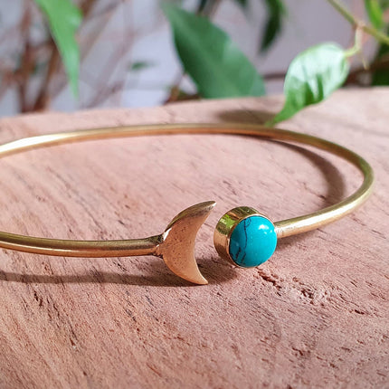 Gold Moon Bracelet / Turquoise / Brass / Bangle / Galaxy / Solar System / Planets / Boho / Adjustable / Hippie / Chic / Sun