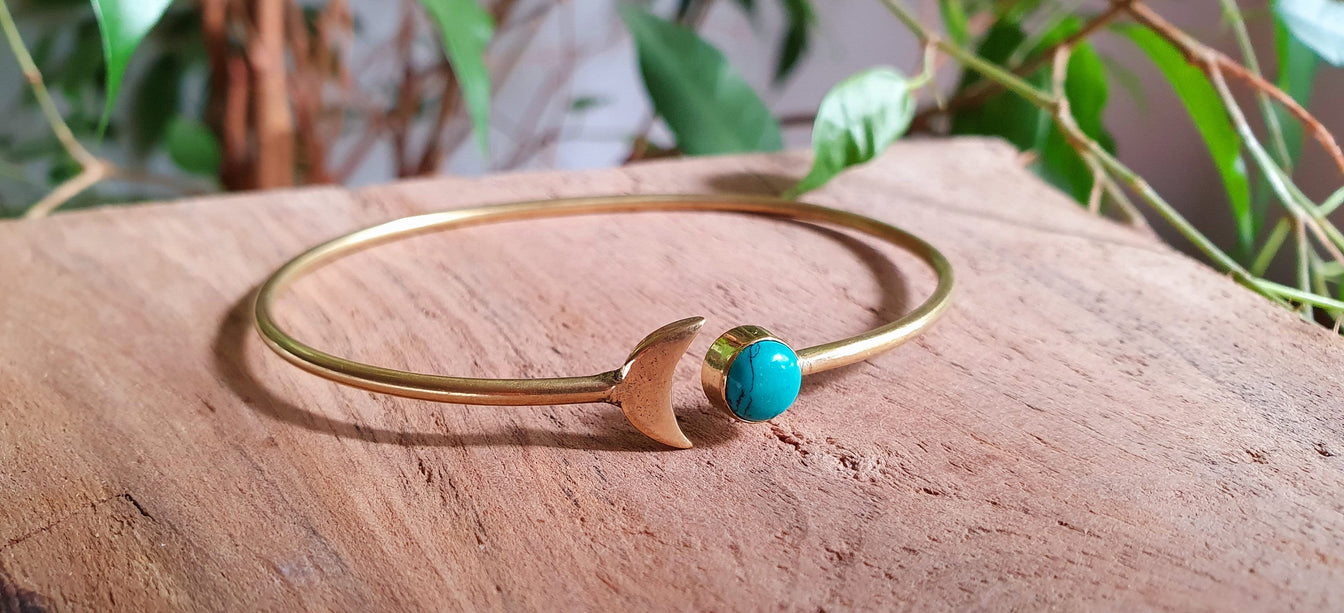 Gold Moon Bracelet / Turquoise / Brass / Bangle / Galaxy / Solar System / Planets / Boho / Adjustable / Hippie / Chic / Sun