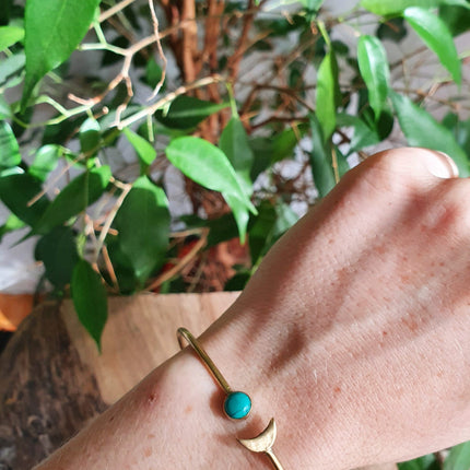 Gold Moon Bracelet / Turquoise / Brass / Bangle / Galaxy / Solar System / Planets / Boho / Adjustable / Hippie / Chic / Sun