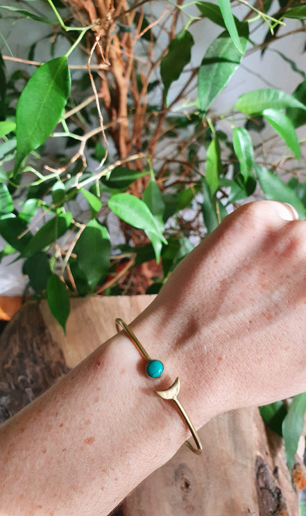 Gold Moon Bracelet / Turquoise / Brass / Bangle / Galaxy / Solar System / Planets / Boho / Adjustable / Hippie / Chic / Sun