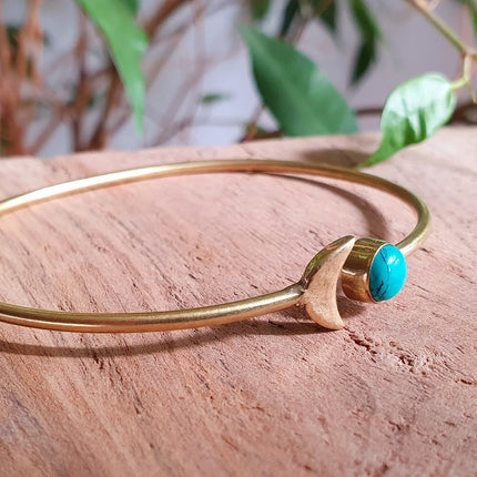 Gold Moon Bracelet / Turquoise / Brass / Bangle / Galaxy / Solar System / Planets / Boho / Adjustable / Hippie / Chic / Sun