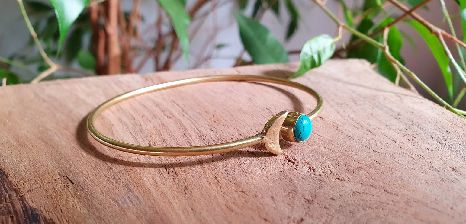 Gold Moon Bracelet / Turquoise / Brass / Bangle / Galaxy / Solar System / Planets / Boho / Adjustable / Hippie / Chic / Sun