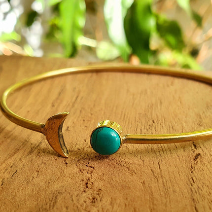 Gold Moon Bracelet / Turquoise / Brass / Bangle / Galaxy / Solar System / Planets / Boho / Adjustable / Hippie / Chic / Sun