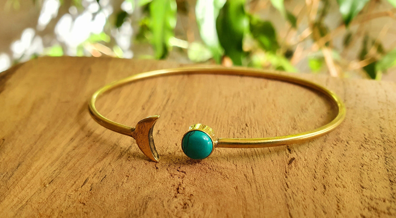 Gold Moon Bracelet / Turquoise / Brass / Bangle / Galaxy / Solar System / Planets / Boho / Adjustable / Hippie / Chic / Sun