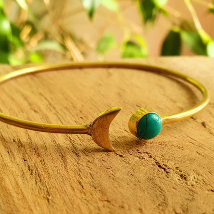 Gold Moon Bracelet / Turquoise / Brass / Bangle / Galaxy / Solar System / Planets / Boho / Adjustable / Hippie / Chic / Sun