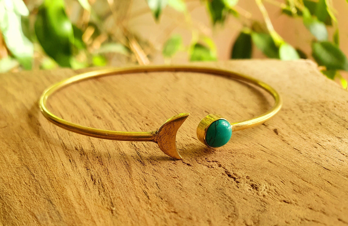 Gold Moon Bracelet / Turquoise / Brass / Bangle / Galaxy / Solar System / Planets / Boho / Adjustable / Hippie / Chic / Sun