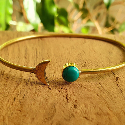 Gold Moon Bracelet / Turquoise / Brass / Bangle / Galaxy / Solar System / Planets / Boho / Adjustable / Hippie / Chic / Sun