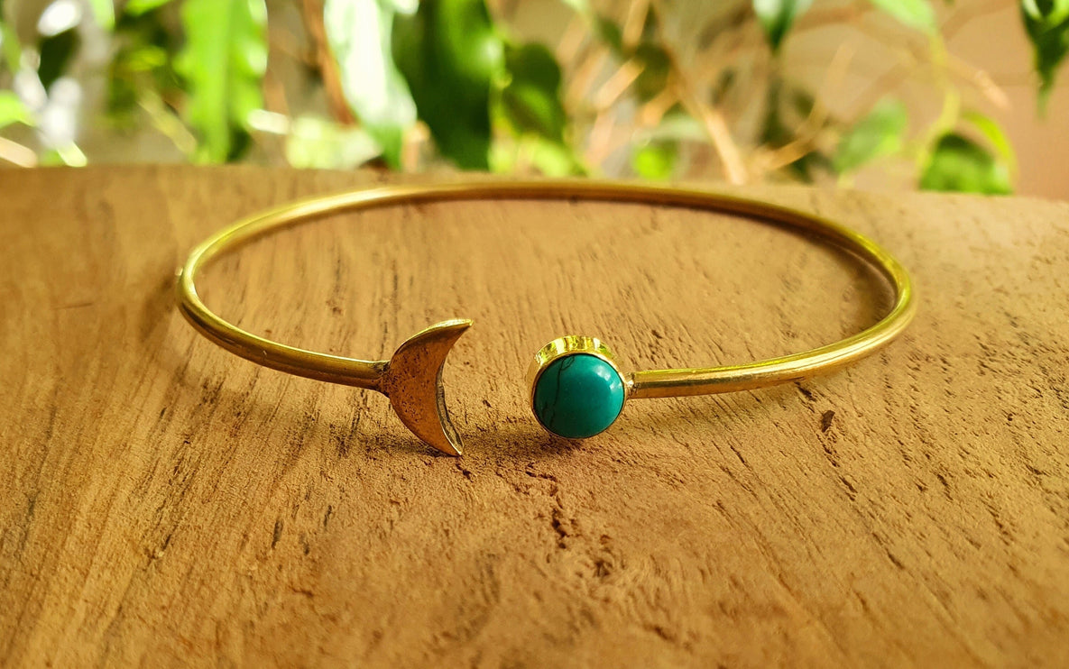 Gold Moon Bracelet / Turquoise / Brass / Bangle / Galaxy / Solar System / Planets / Boho / Adjustable / Hippie / Chic / Sun