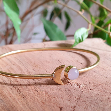 Gold Moon Bracelet / Rose Quartz / Brass / Bangle / Galaxy / Solar System / Planets / Boho / Adjustable / Hippie / Chic / Sun