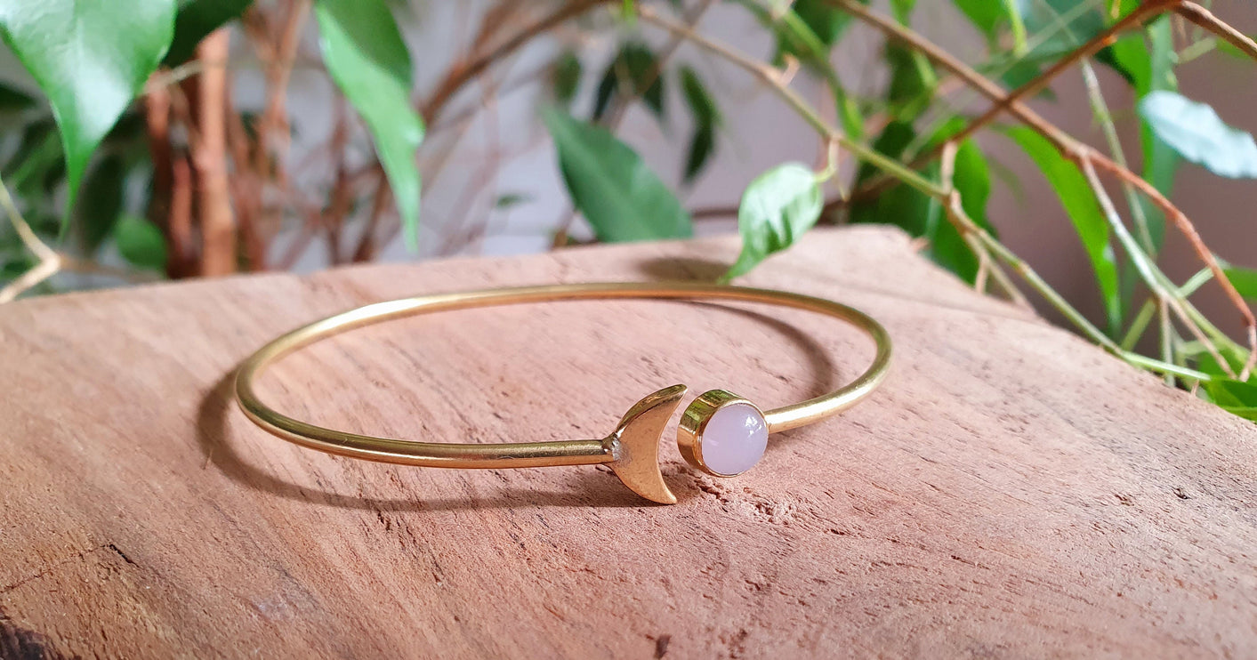 Gold Moon Bracelet / Rose Quartz / Brass / Bangle / Galaxy / Solar System / Planets / Boho / Adjustable / Hippie / Chic / Sun