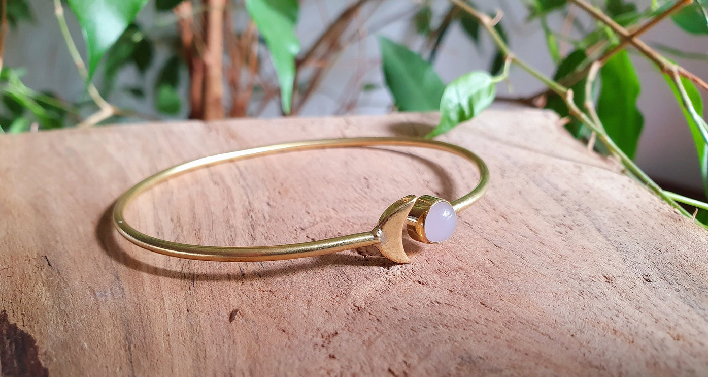 Gold Moon Bracelet / Rose Quartz / Brass / Bangle / Galaxy / Solar System / Planets / Boho / Adjustable / Hippie / Chic / Sun