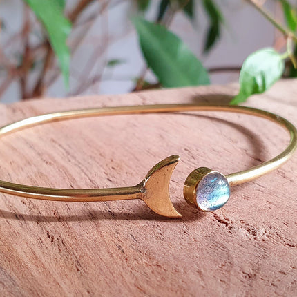 Gold Moon Bracelet / Labradorite / Brass / Bangle / Galaxy / Solar System / Planets / Boho / Adjustable / Hippie / Chic / Sun