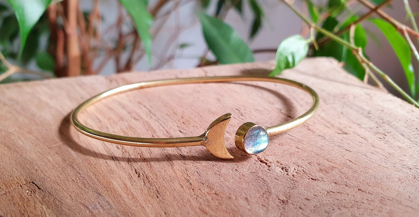 Gold Moon Bracelet / Labradorite / Brass / Bangle / Galaxy / Solar System / Planets / Boho / Adjustable / Hippie / Chic / Sun