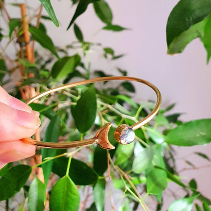 Gold Moon Bracelet / Labradorite / Brass / Bangle / Galaxy / Solar System / Planets / Boho / Adjustable / Hippie / Chic / Sun