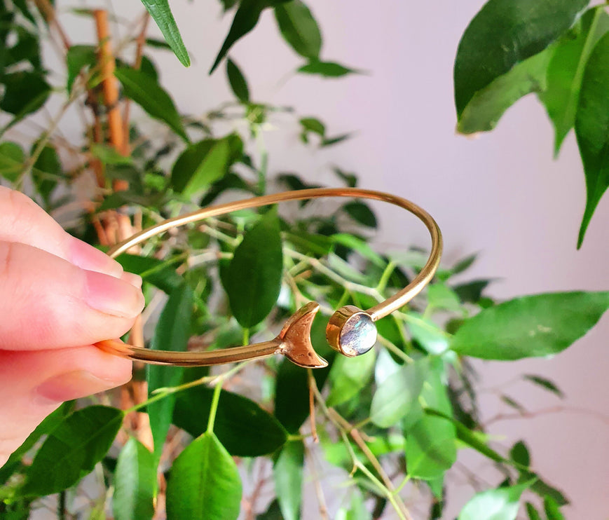 Gold Moon Bracelet / Labradorite / Brass / Bangle / Galaxy / Solar System / Planets / Boho / Adjustable / Hippie / Chic / Sun