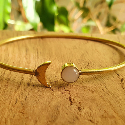 Gold Moon Bracelet / Moonstone / Brass / Bangle / Galaxy / Solar System / Planets / Boho / Adjustable / Hippie / Chic / Sun