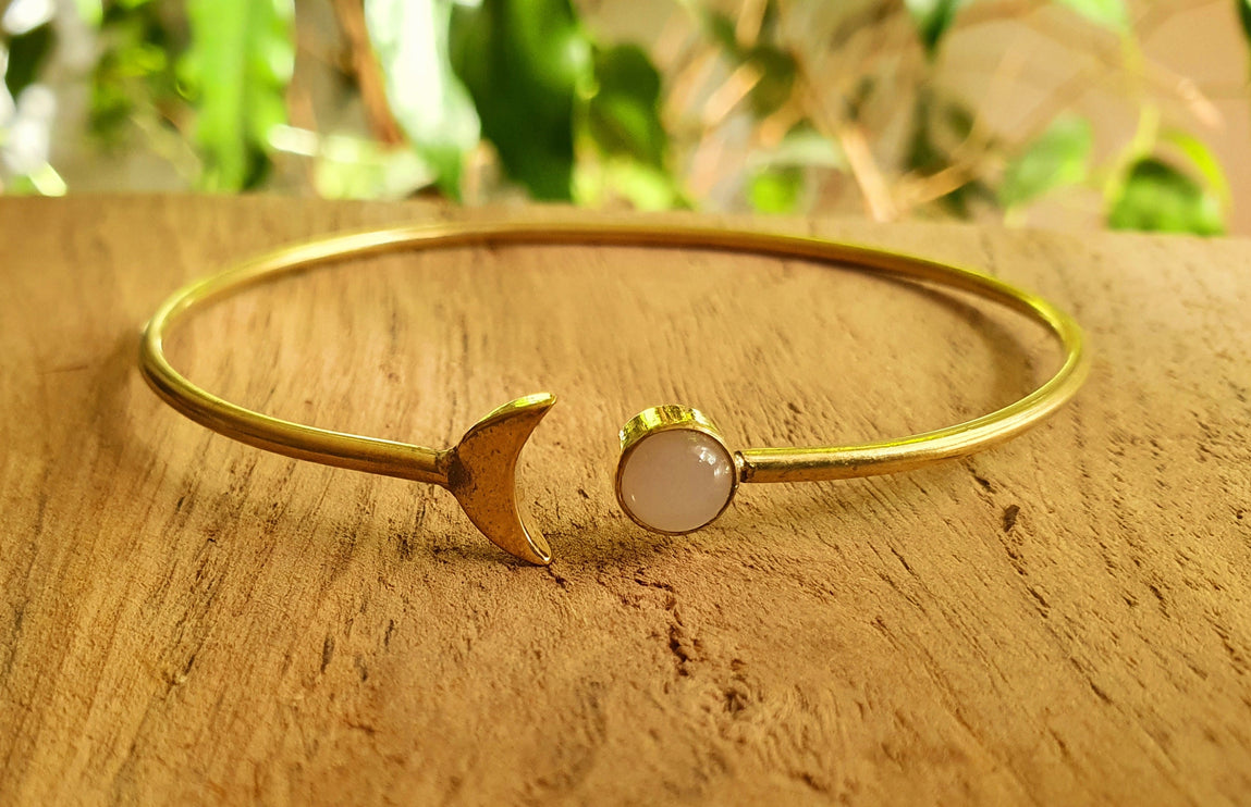 Gold Moon Bracelet / Moonstone / Brass / Bangle / Galaxy / Solar System / Planets / Boho / Adjustable / Hippie / Chic / Sun