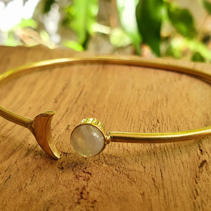 Gold Moon Bracelet / Moonstone / Brass / Bangle / Galaxy / Solar System / Planets / Boho / Adjustable / Hippie / Chic / Sun