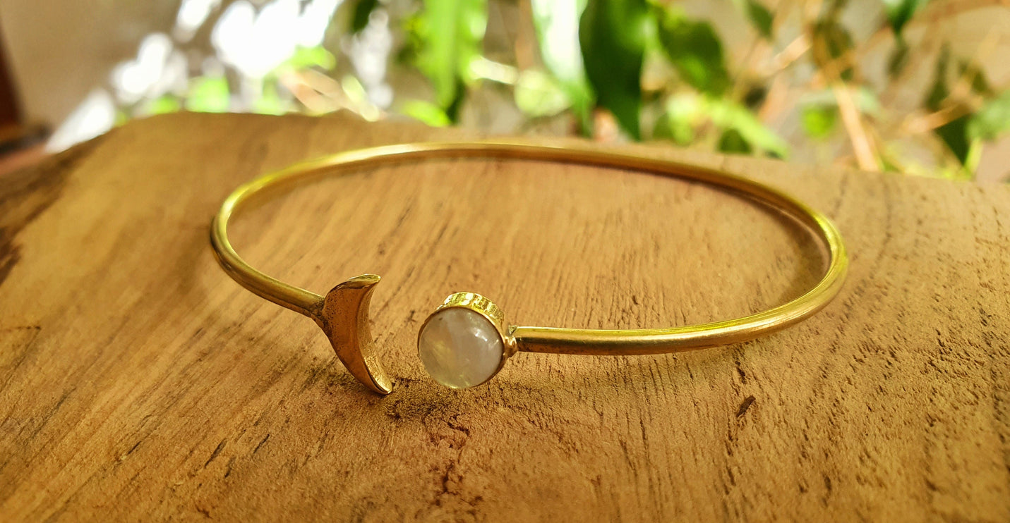 Gold Moon Bracelet / Moonstone / Brass / Bangle / Galaxy / Solar System / Planets / Boho / Adjustable / Hippie / Chic / Sun