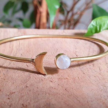 Gold Moon Bracelet / Moonstone / Brass / Bangle / Galaxy / Solar System / Planets / Boho / Adjustable / Hippie / Chic / Sun