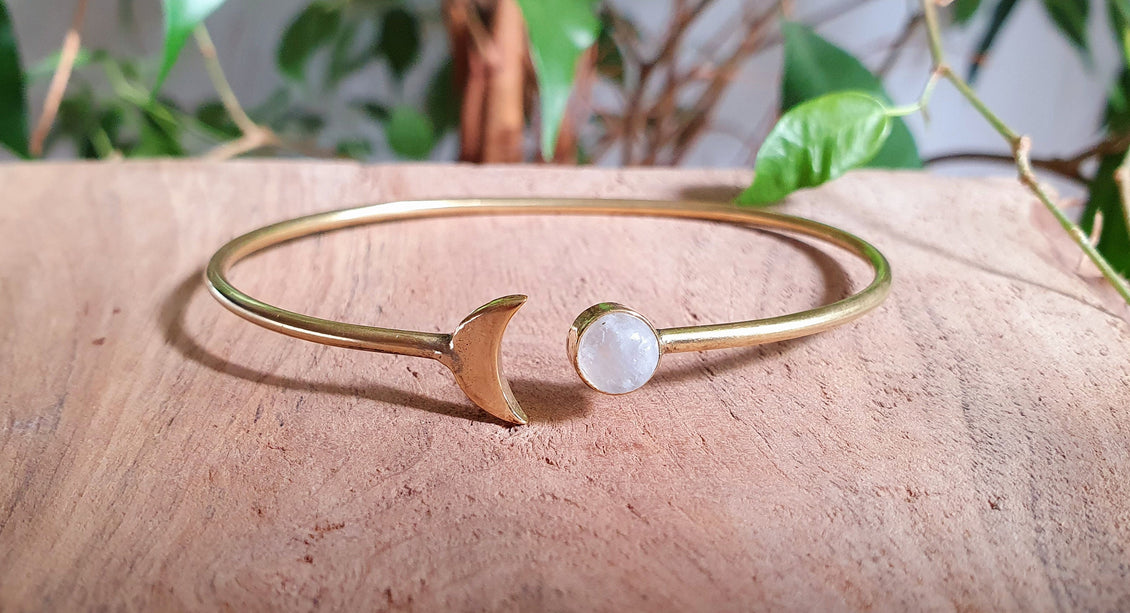 Gold Moon Bracelet / Moonstone / Brass / Bangle / Galaxy / Solar System / Planets / Boho / Adjustable / Hippie / Chic / Sun