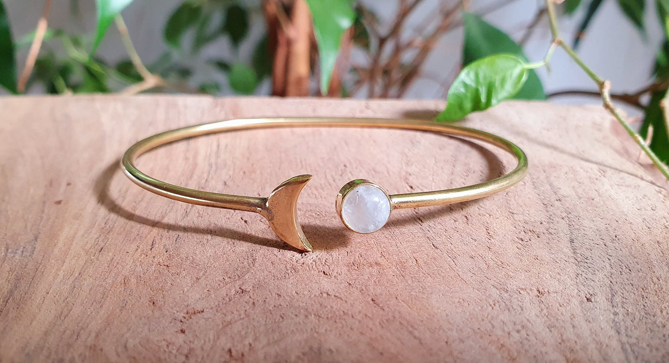 Gold Moon Bracelet / Moonstone / Brass / Bangle / Galaxy / Solar System / Planets / Boho / Adjustable / Hippie / Chic / Sun