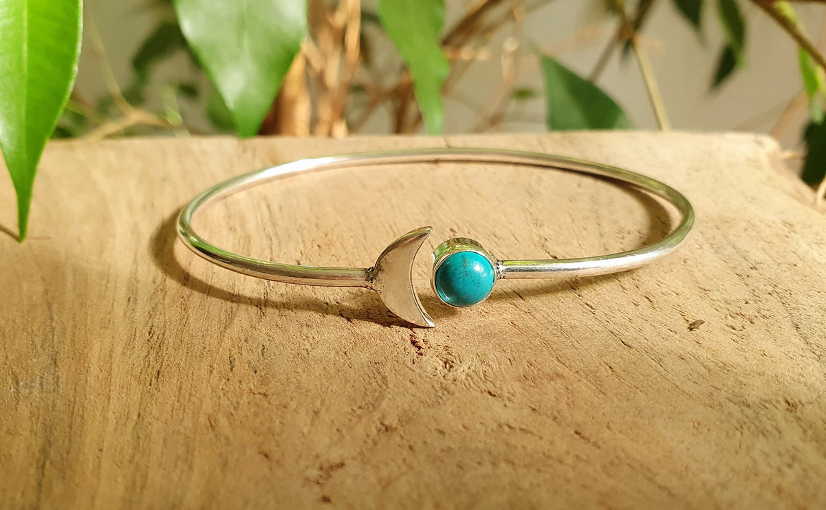 Silver Moon Bracelet / Turquoise / Bangle / Galaxy / Solar System / Planets / Boho / Adjustable / Hippie / Chic / Sun