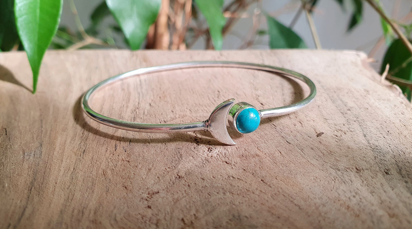 Silver Moon Bracelet / Turquoise / Bangle / Galaxy / Solar System / Planets / Boho / Adjustable / Hippie / Chic / Sun