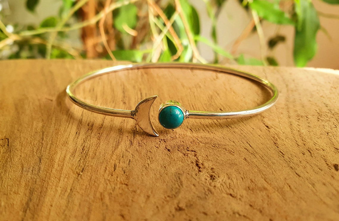 Silver Moon Bracelet / Turquoise / Bangle / Galaxy / Solar System / Planets / Boho / Adjustable / Hippie / Chic / Sun