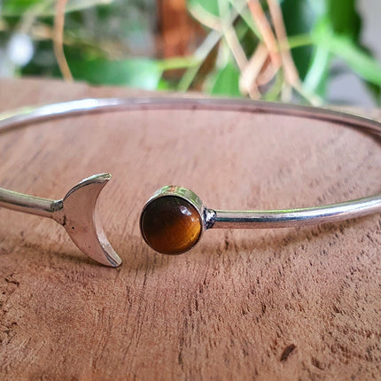 Silver Moon Bracelet / Tiger eye / Bangle / Galaxy / Solar System / Planets / Boho / Adjustable / Hippie / Chic / Sun