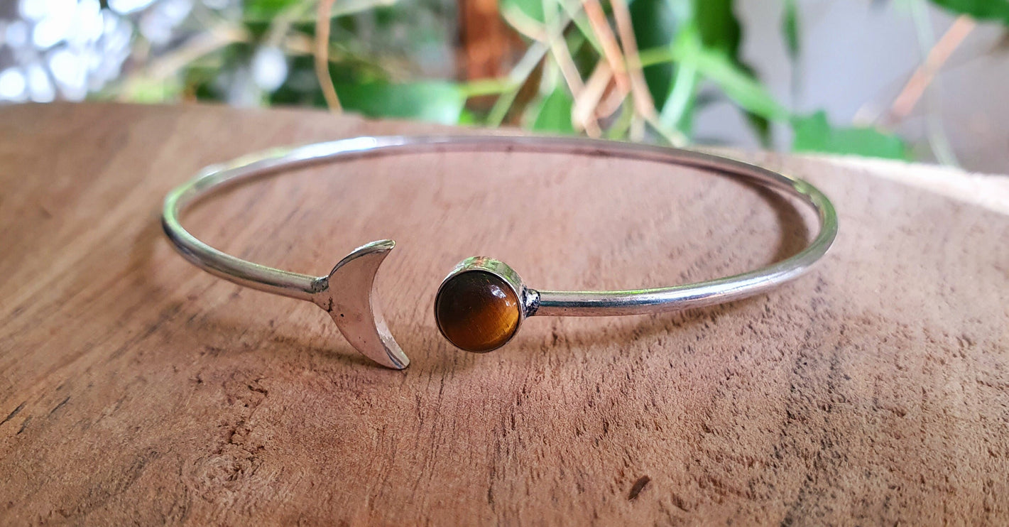 Silver Moon Bracelet / Tiger eye / Bangle / Galaxy / Solar System / Planets / Boho / Adjustable / Hippie / Chic / Sun