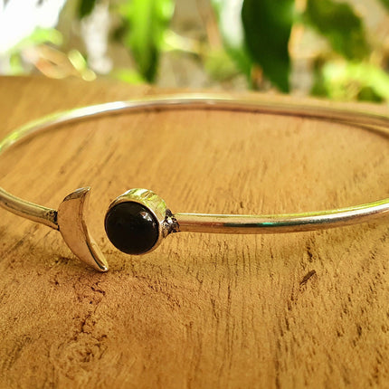 Silver Moon Bracelet / Black Onyx / Bangle / Galaxy / Solar System / Planets / Boho / Adjustable / Hippie / Chic / Sun