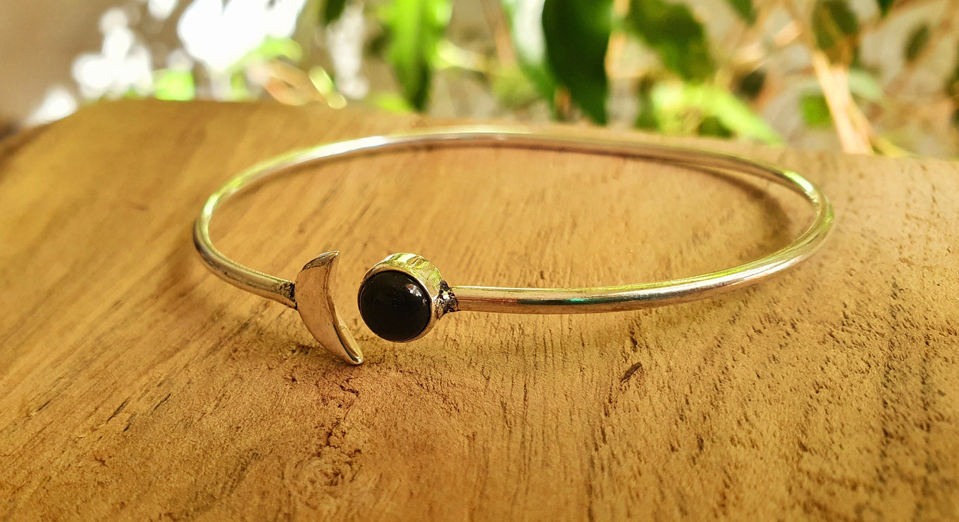 Silver Moon Bracelet / Black Onyx / Bangle / Galaxy / Solar System / Planets / Boho / Adjustable / Hippie / Chic / Sun