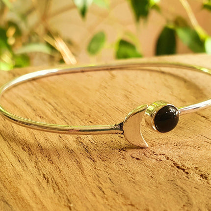 Silver Moon Bracelet / Black Onyx / Bangle / Galaxy / Solar System / Planets / Boho / Adjustable / Hippie / Chic / Sun