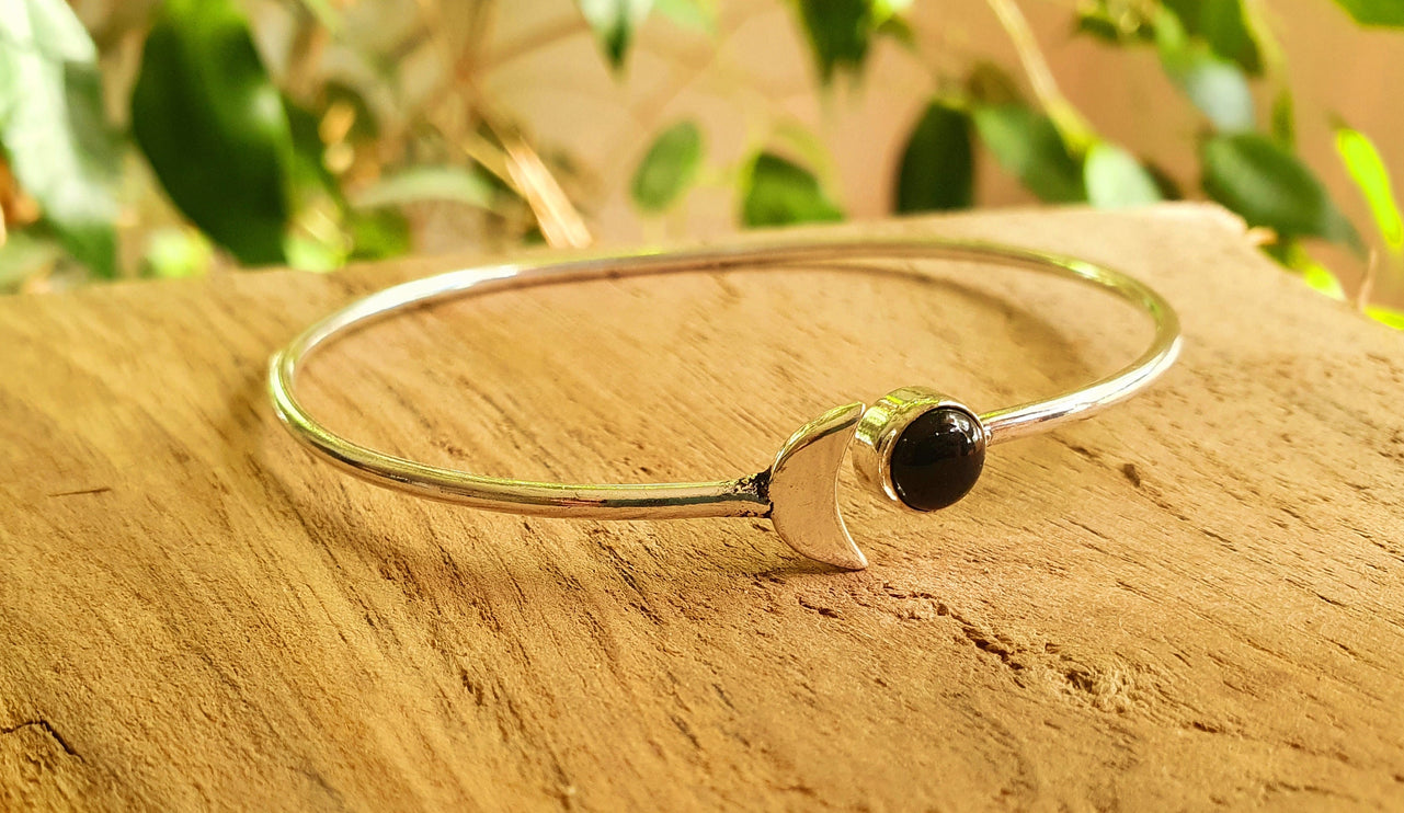 Silver Moon Bracelet / Black Onyx / Bangle / Galaxy / Solar System / Planets / Boho / Adjustable / Hippie / Chic / Sun