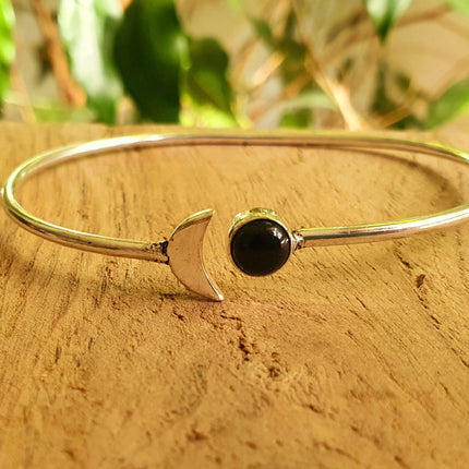 Silver Moon Bracelet / Black Onyx / Bangle / Galaxy / Solar System / Planets / Boho / Adjustable / Hippie / Chic / Sun