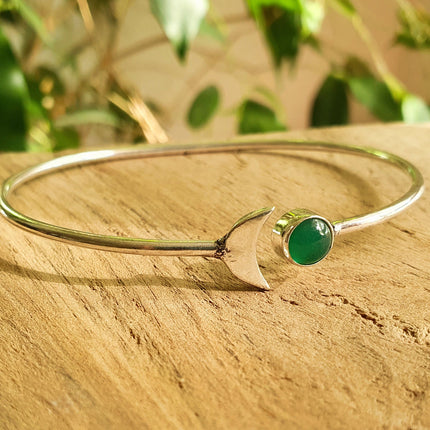 Silver Moon Bracelet / Green Onyx / Bangle / Galaxy / Solar System / Planets / Boho / Adjustable / Hippie / Chic / Sun