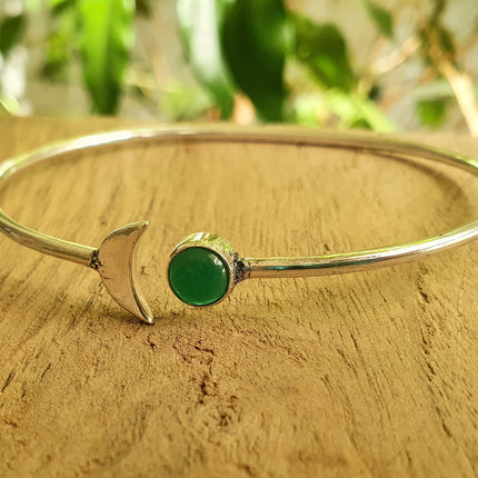 Silver Moon Bracelet / Green Onyx / Bangle / Galaxy / Solar System / Planets / Boho / Adjustable / Hippie / Chic / Sun