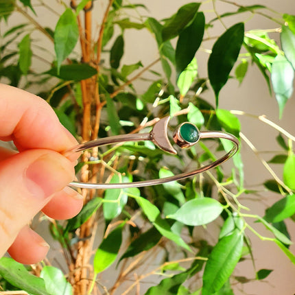 Silver Moon Bracelet / Green Onyx / Bangle / Galaxy / Solar System / Planets / Boho / Adjustable / Hippie / Chic / Sun