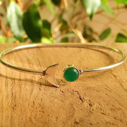 Silver Moon Bracelet / Green Onyx / Bangle / Galaxy / Solar System / Planets / Boho / Adjustable / Hippie / Chic / Sun