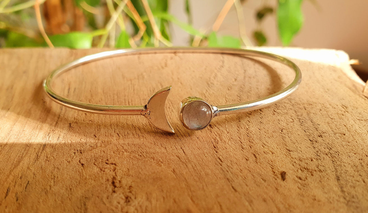 Silver Moon Bracelet / Labradorite / Bangle / Galaxy / Solar System / Planets / Boho / Adjustable / Hippie / Chic / Sun