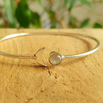 Silver Moon Bracelet / Labradorite / Bangle / Galaxy / Solar System / Planets / Boho / Adjustable / Hippie / Chic / Sun